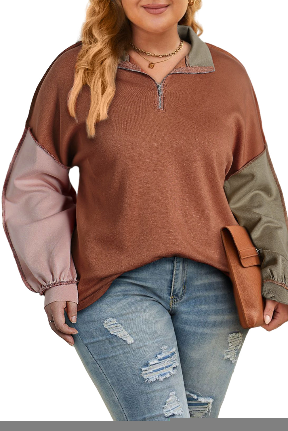 Khaki Exposed Seam Color Block Zipped Sweatshirt