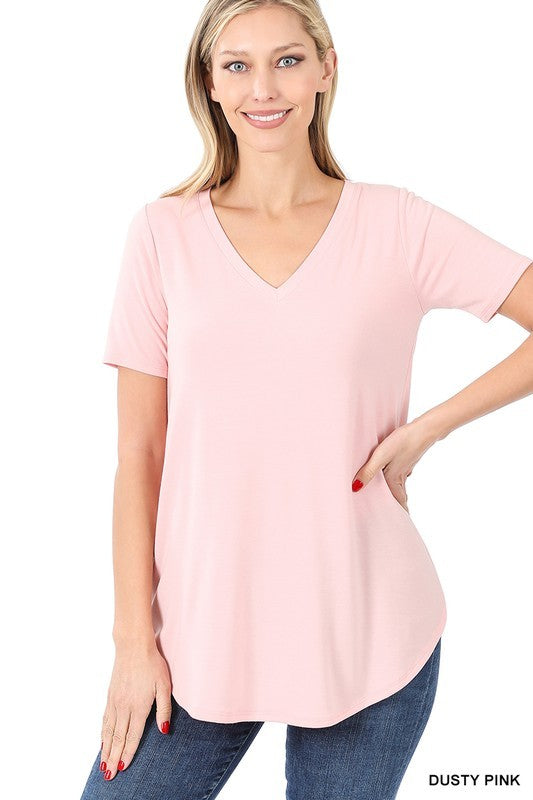 SHORT SLEEVE V-NECK ROUND HEM TOP