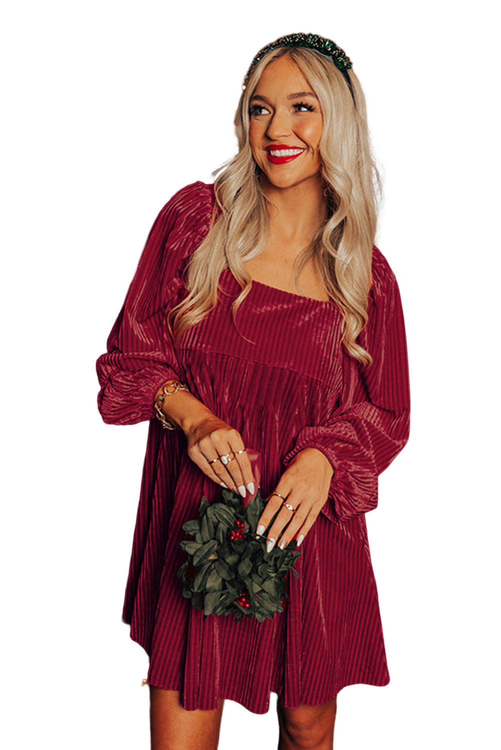 Pale Chestnut Long Sleeve Tiered Ribbed Velvet Dress