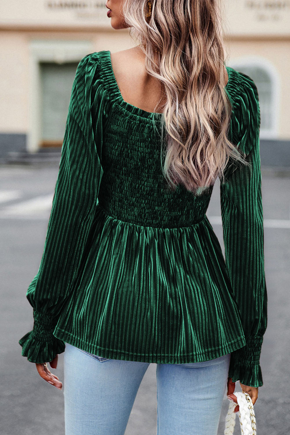 Pale Chestnut Long Sleeve Tiered Ribbed Velvet Dress