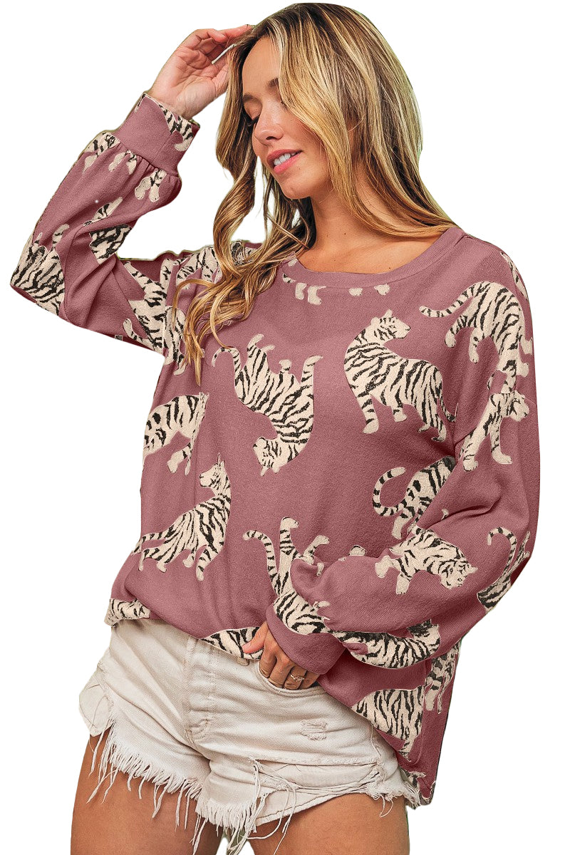 Simply Taupe Lively Tiger Print Casual Sweatshirt