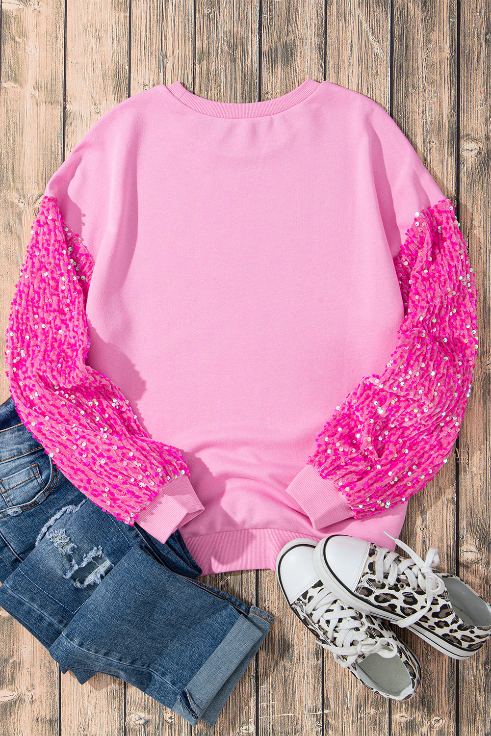 Pink Plus Size Sequin Sleeve Drop Shoulder Sweatshirt