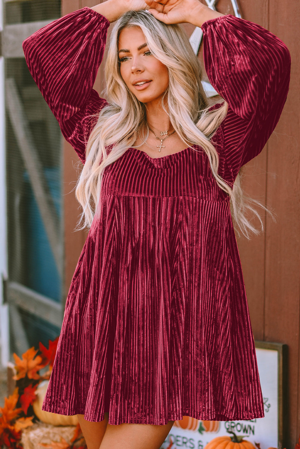 Pale Chestnut Long Sleeve Tiered Ribbed Velvet Dress