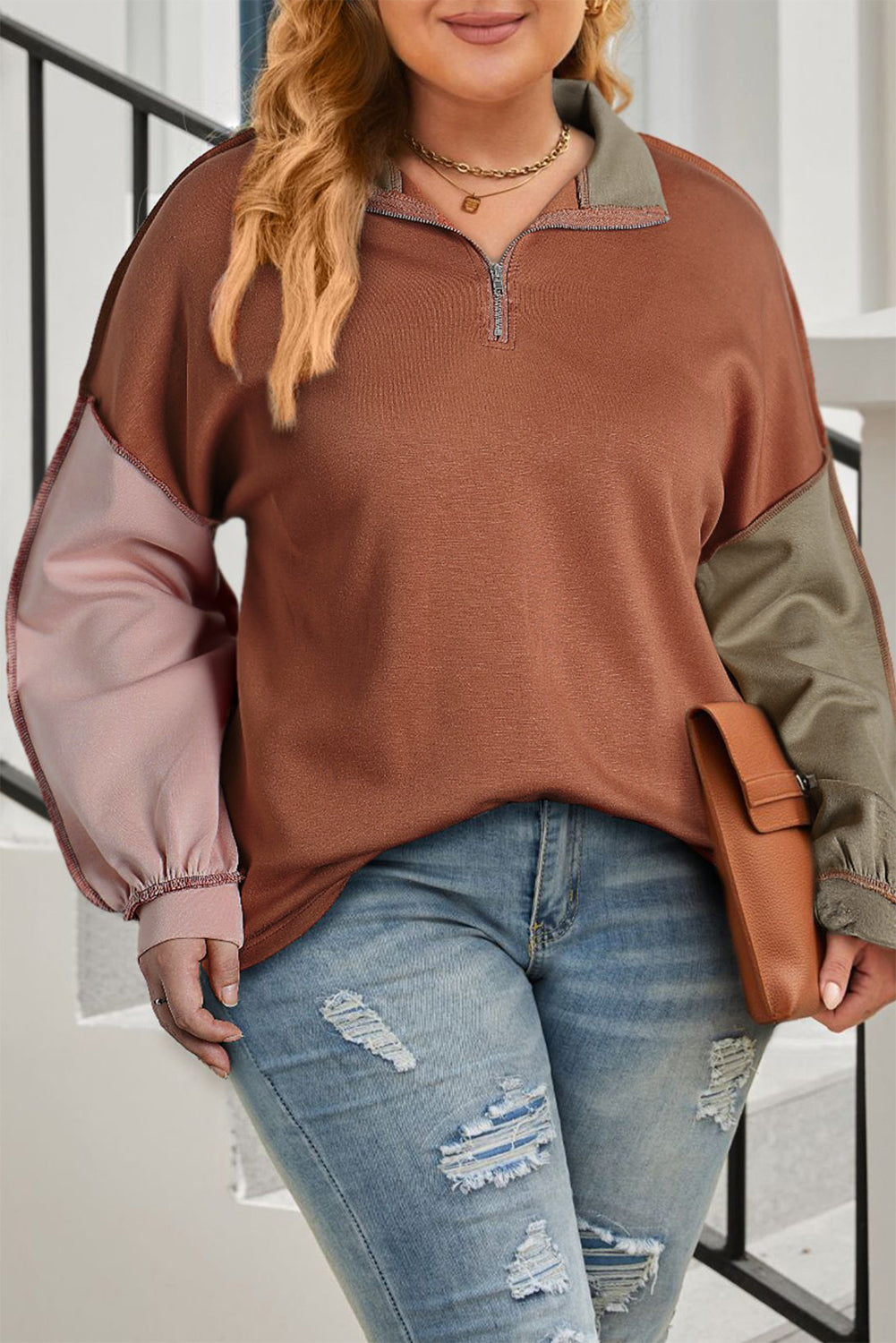 Khaki Exposed Seam Color Block Zipped Sweatshirt