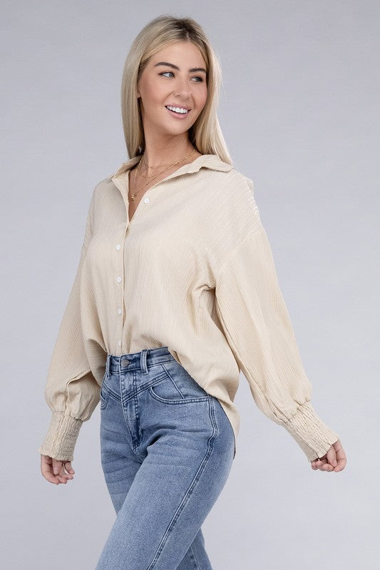 Dropped shoulder shirt in crinkle fabric