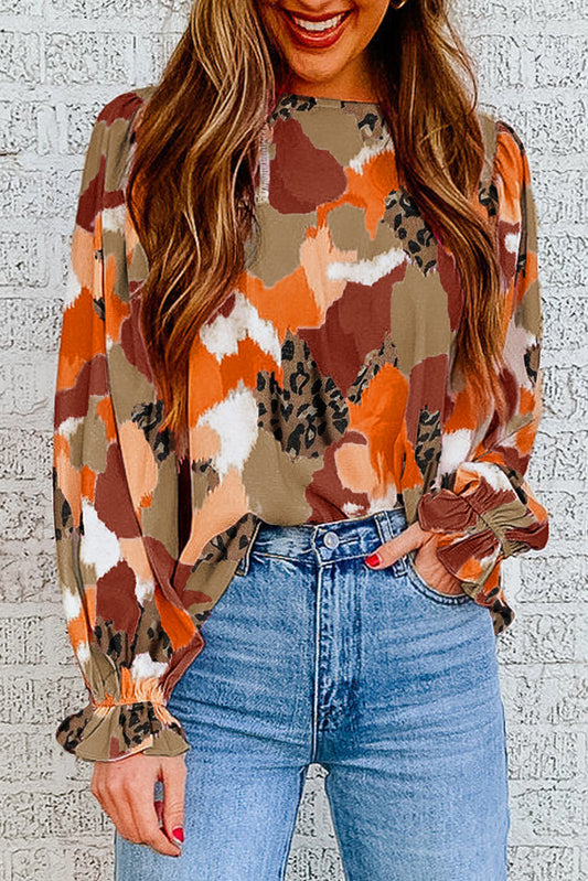 Multicolour Plus Size Abstract Print Puff Sleeve Blouse