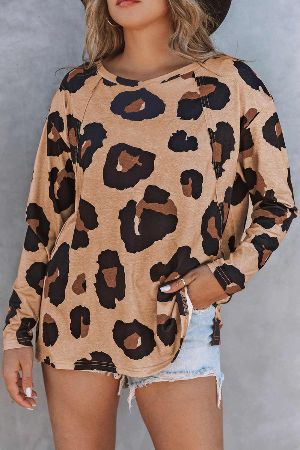 Leopard Animal Print Long Sleeve Pullover and Shorts Casual Outfit