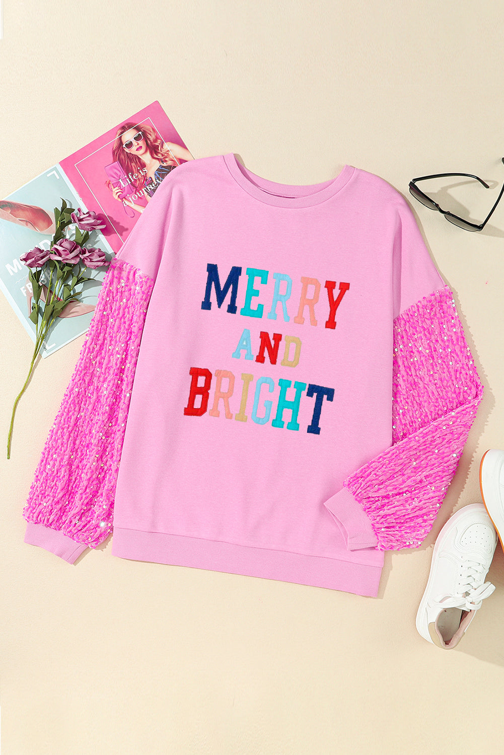 Pink Plus Size Sequin Sleeve Drop Shoulder Sweatshirt