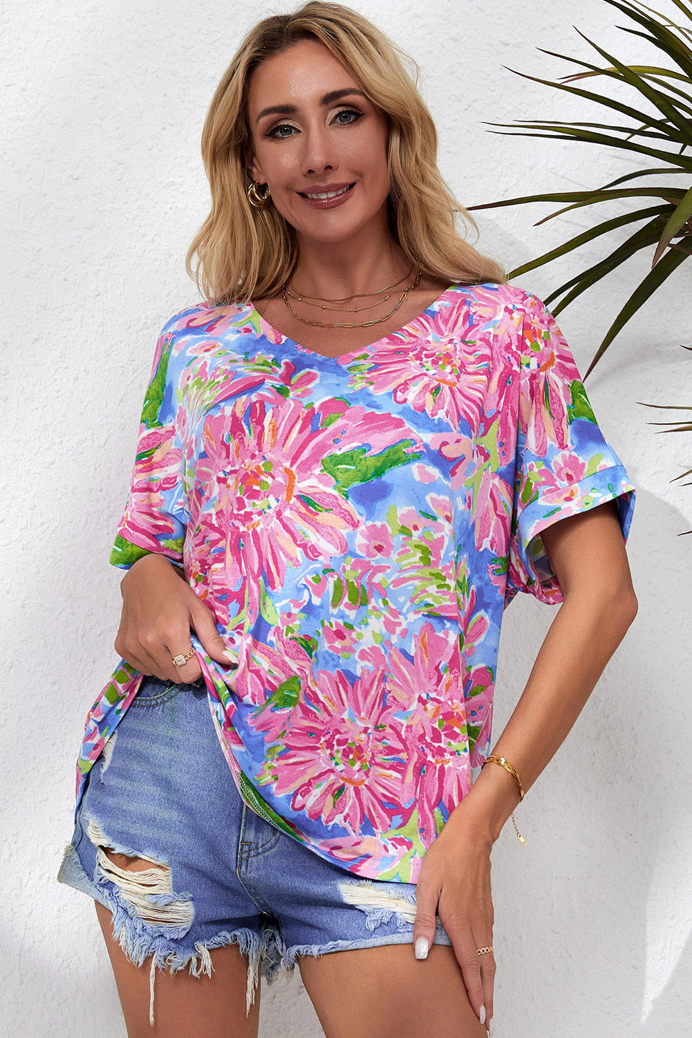 Pink Floral Print Loose Fit V Neck T Shirt