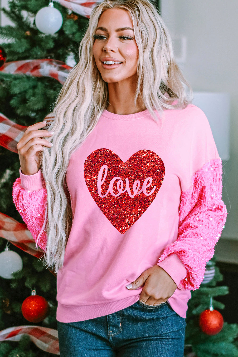 Pink Plus Size Sequin Sleeve Drop Shoulder Sweatshirt