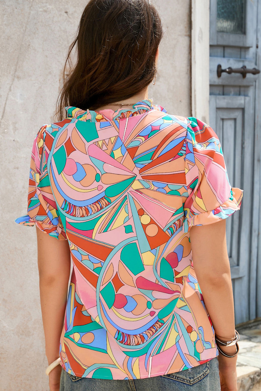 Multicolor Abstract Geometry Print Half Puff Sleeve Loose Shirt