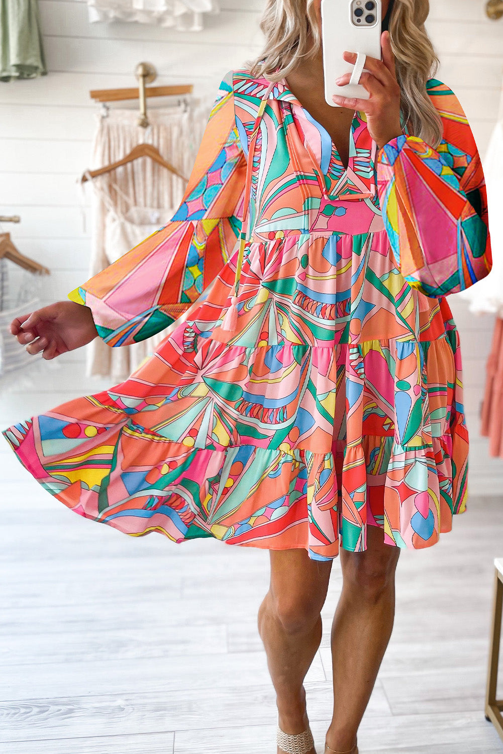 Multicolor Abstract Geometry Print Half Puff Sleeve Loose Shirt