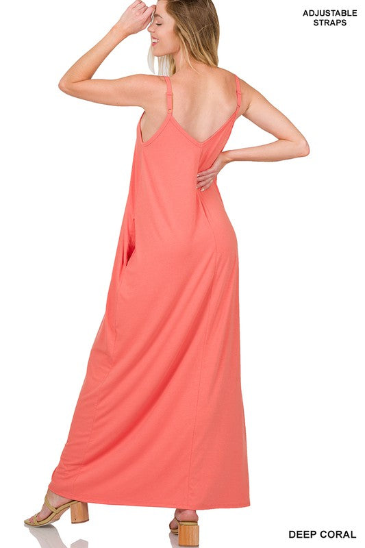 V-NECK CAMI MAXI DRESS WITH SIDE POCKETS