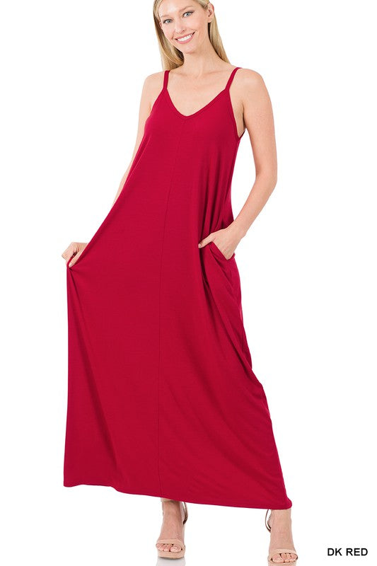 V-NECK CAMI MAXI DRESS WITH SIDE POCKETS