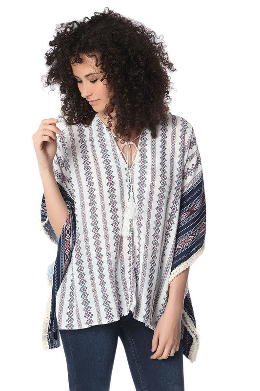 Navy oversized poncho top in tribe print