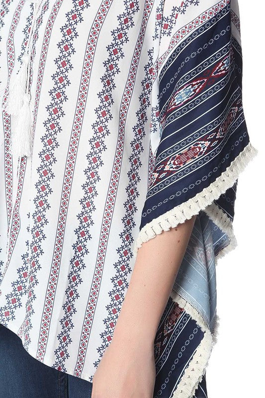 Navy oversized poncho top in tribe print