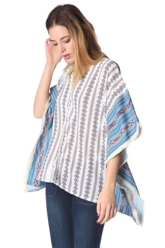 Blue oversized poncho top in tribe print