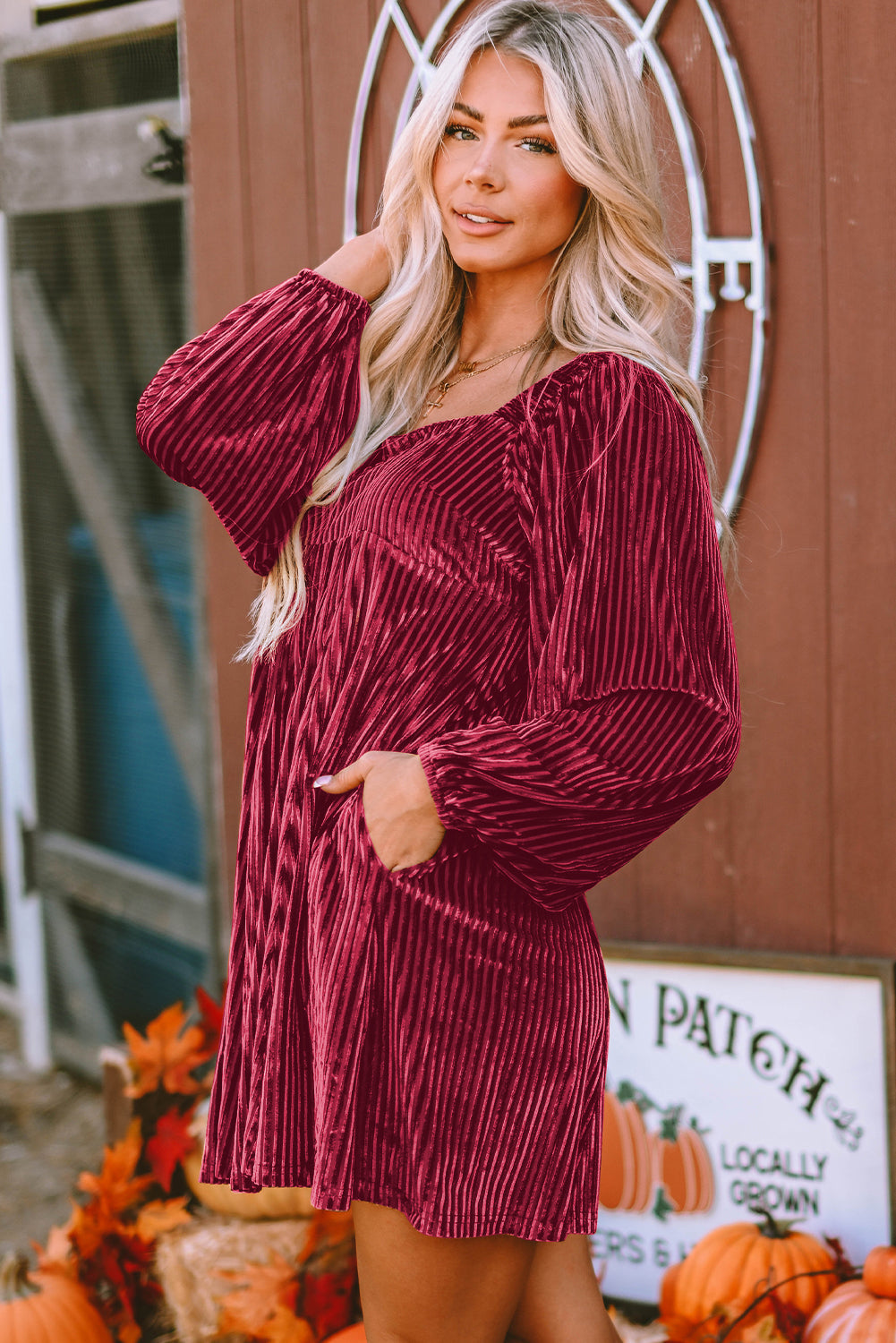 Pale Chestnut Long Sleeve Tiered Ribbed Velvet Dress