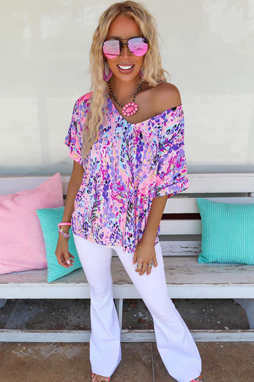 Pink Loose Painted Floral Tee