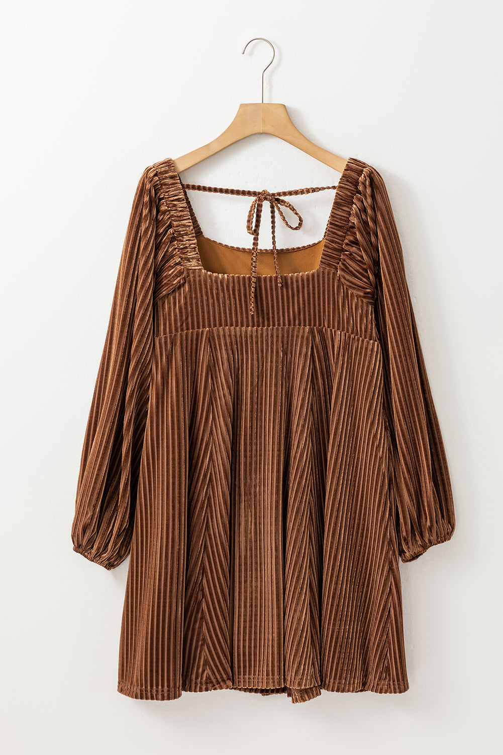 Pale Chestnut Long Sleeve Tiered Ribbed Velvet Dress