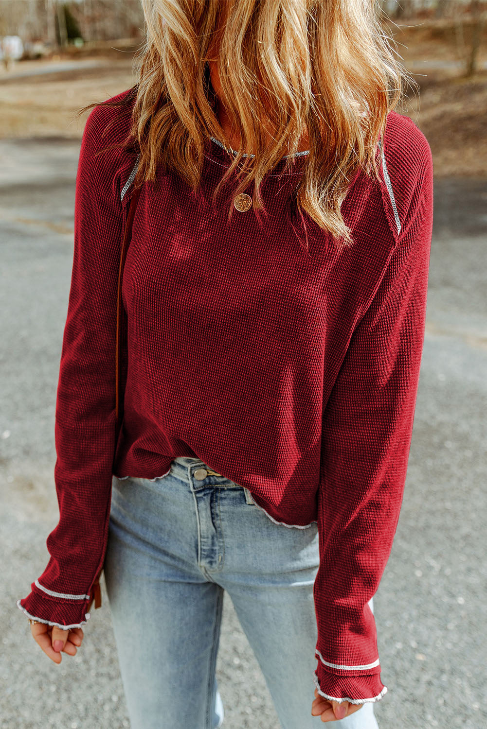 Brown Textured Round Neck Long Sleeve Top