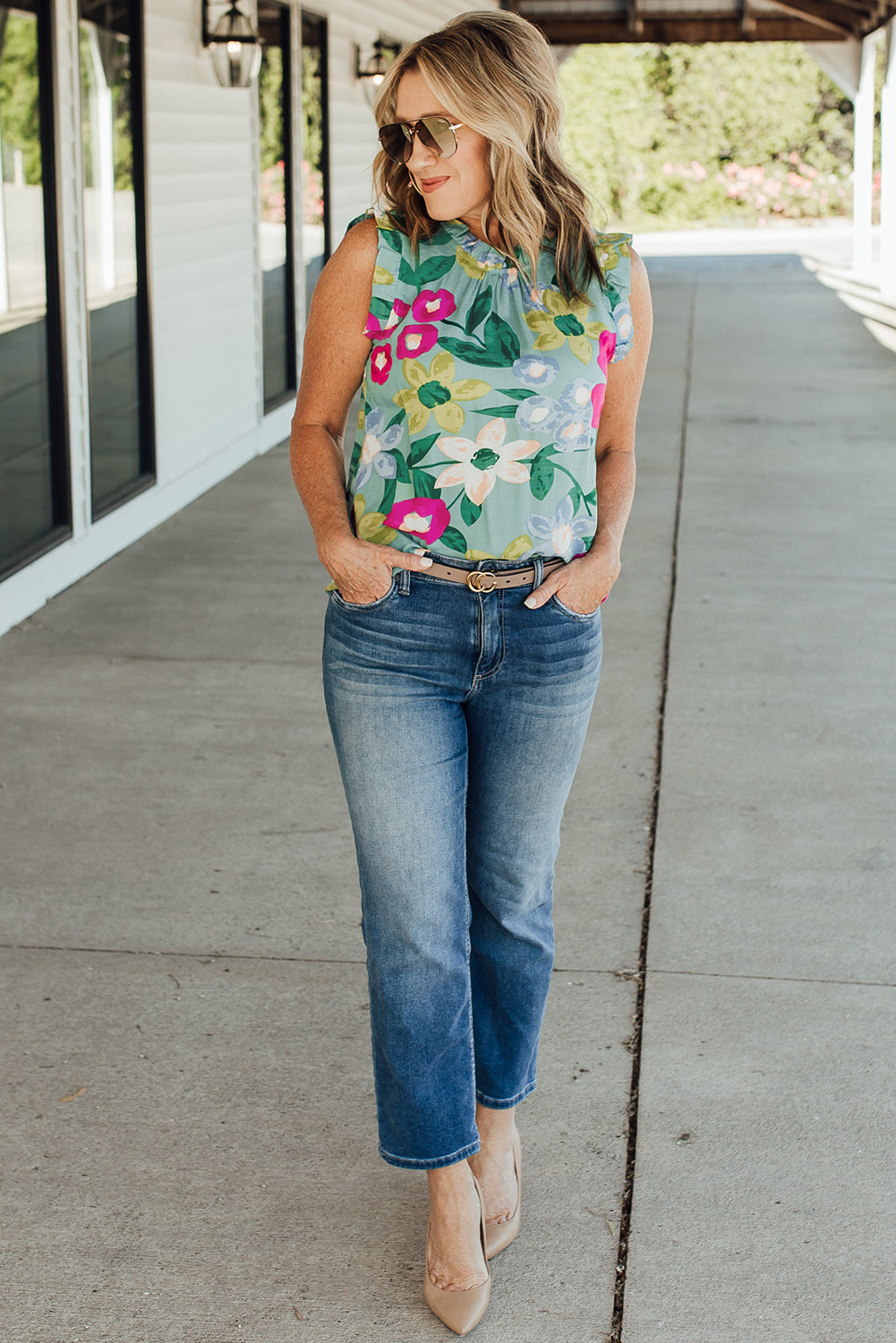 Green Floral Print Ruffle Trim Tank Top