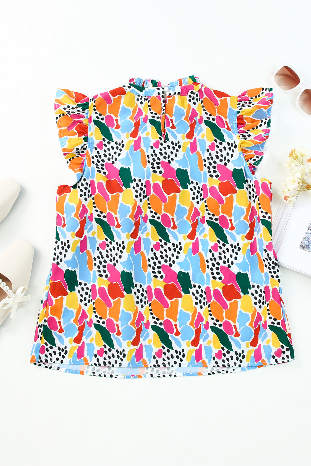 Multicolor Abstract Print High Neck Flutter Sleeves Top