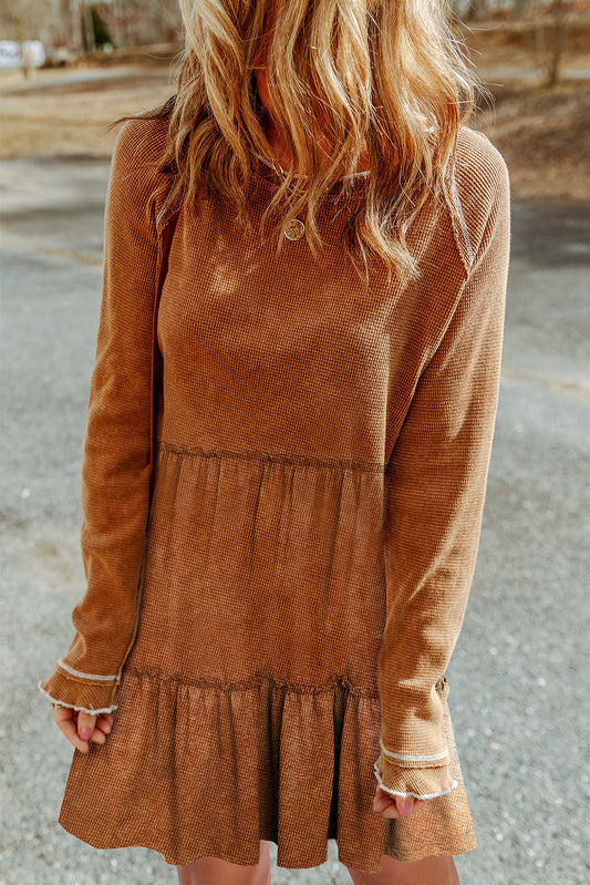 Brown Textured Round Neck Long Sleeve Top