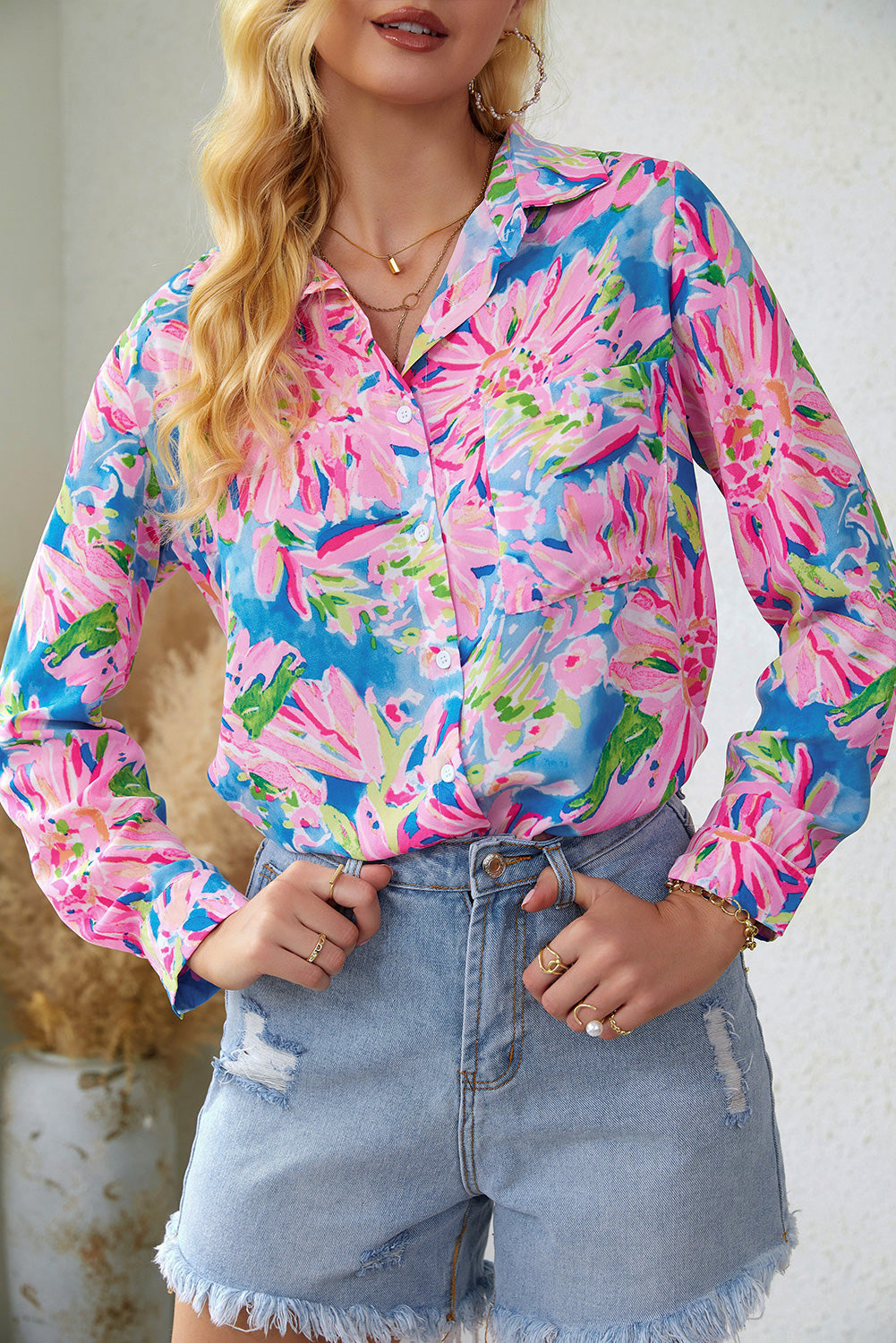 Pink Floral Print Loose Fit V Neck T Shirt