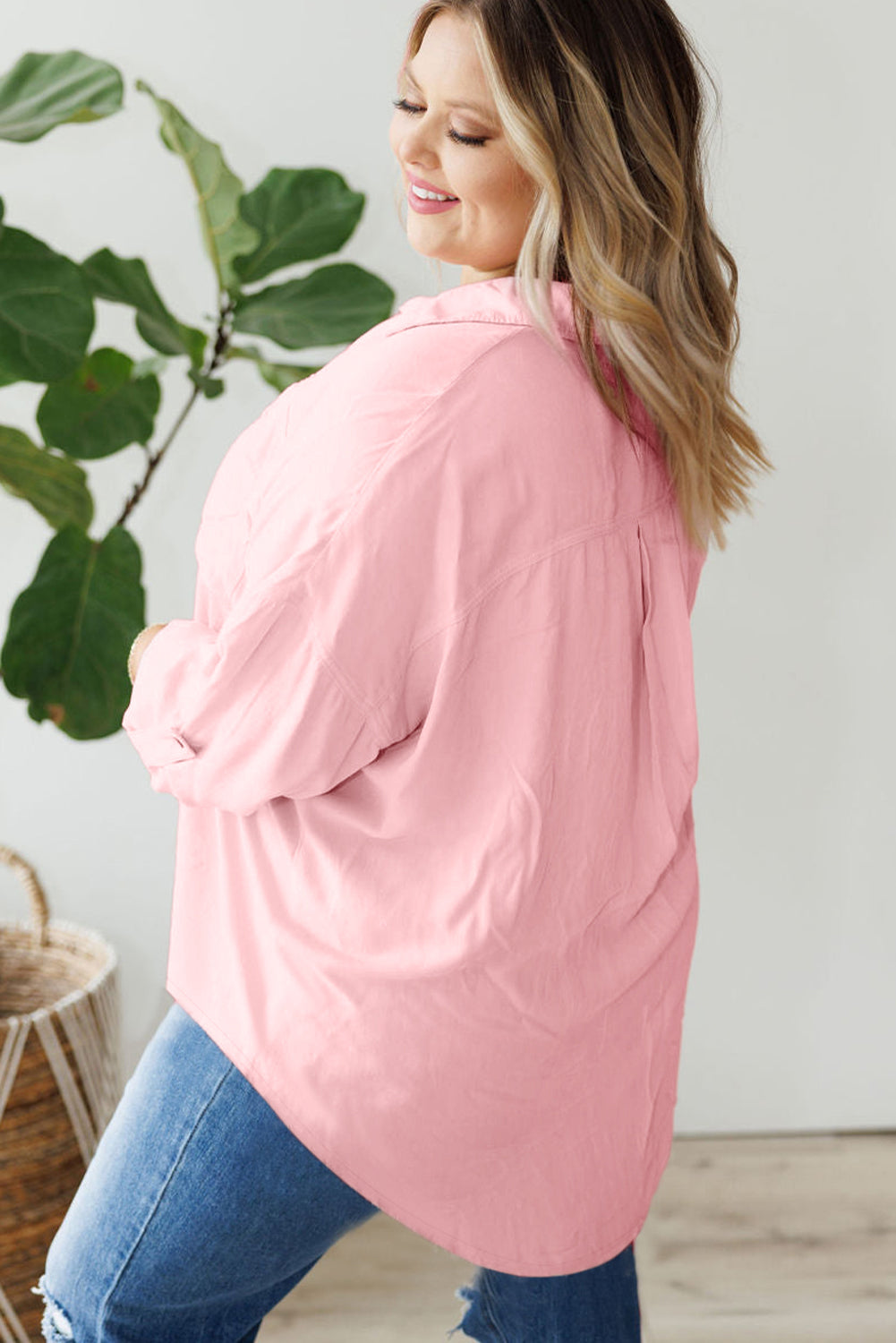 Pink Flap Pocket Tab Sleeve Button-Down Plus Size Shirt