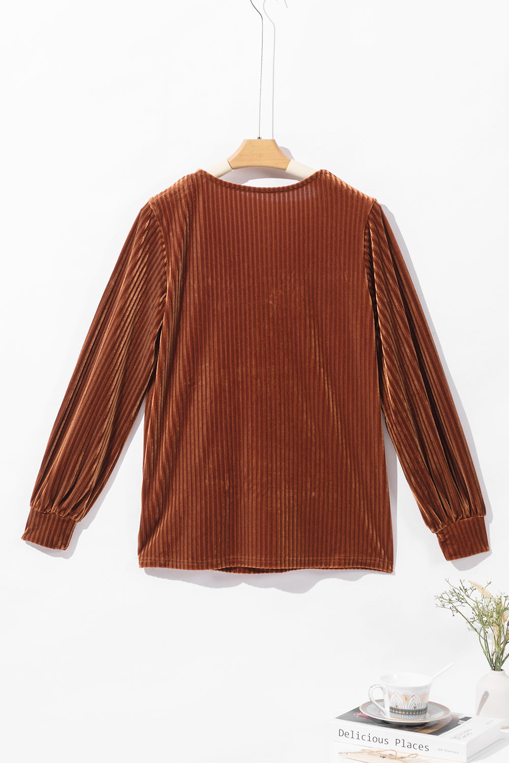 Pale Chestnut Long Sleeve Tiered Ribbed Velvet Dress