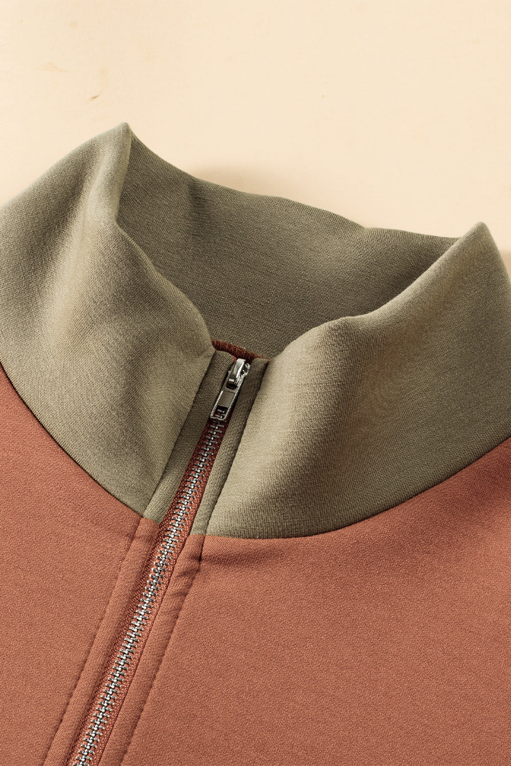 Khaki Exposed Seam Color Block Zipped Sweatshirt