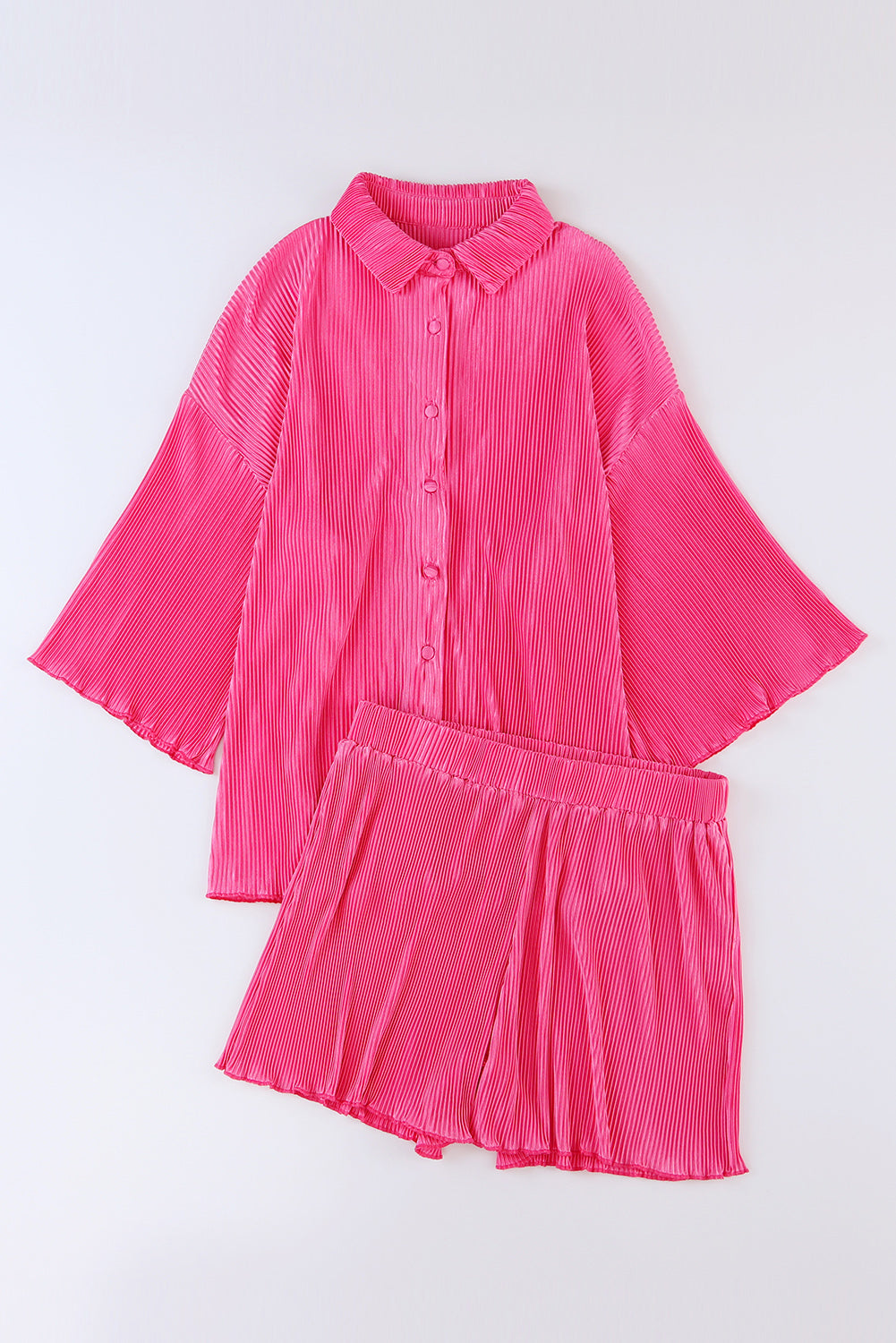 Apricot Pleated Long Sleeve Shirt and Shorts Lounge Set