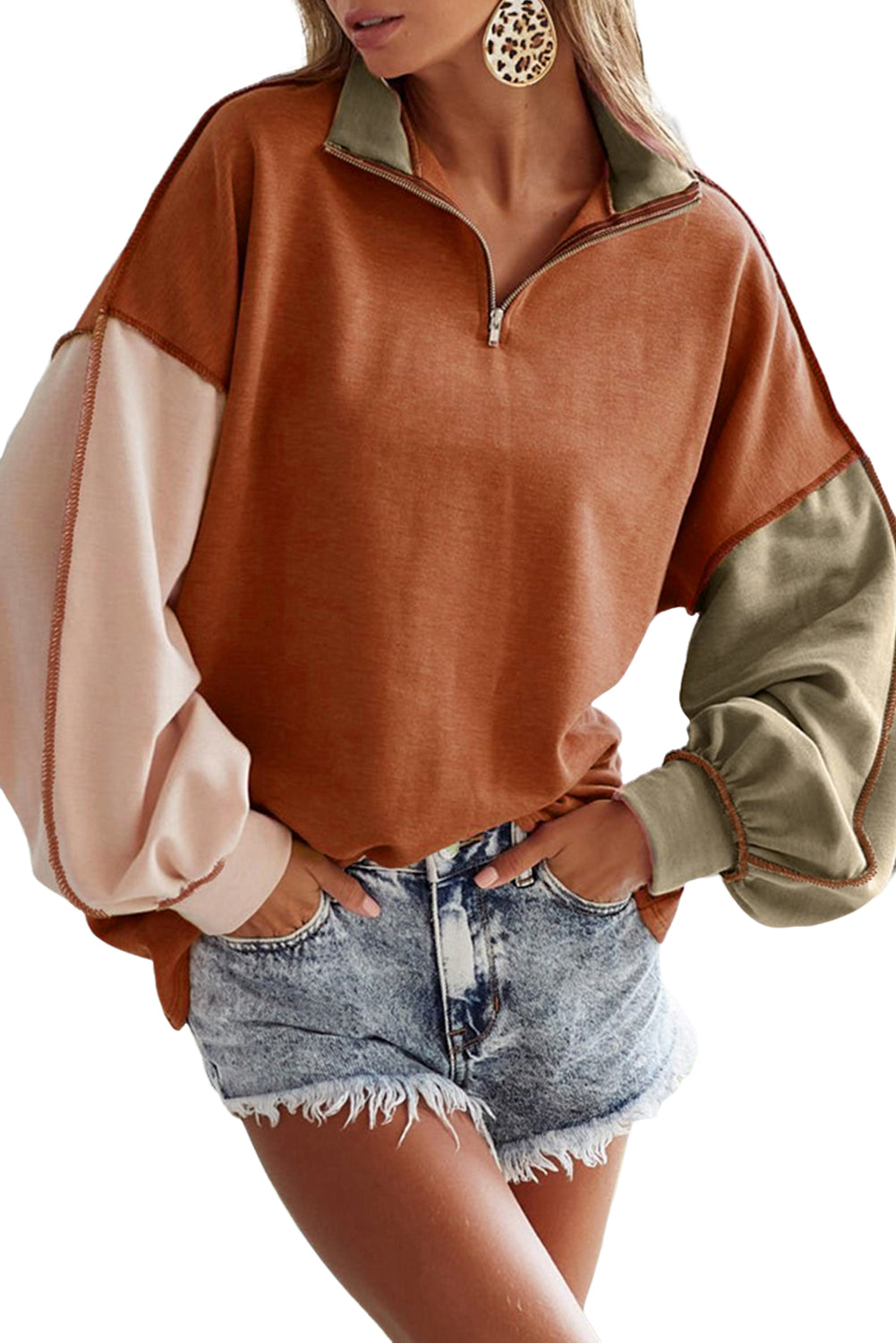 Khaki Exposed Seam Color Block Zipped Sweatshirt