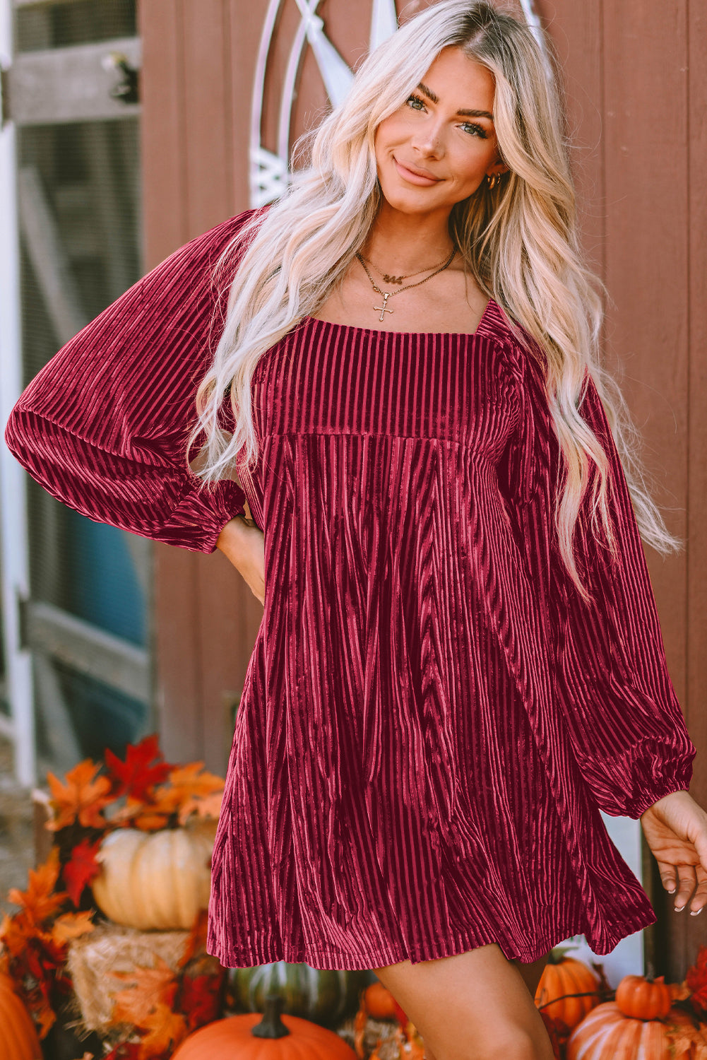 Pale Chestnut Long Sleeve Tiered Ribbed Velvet Dress