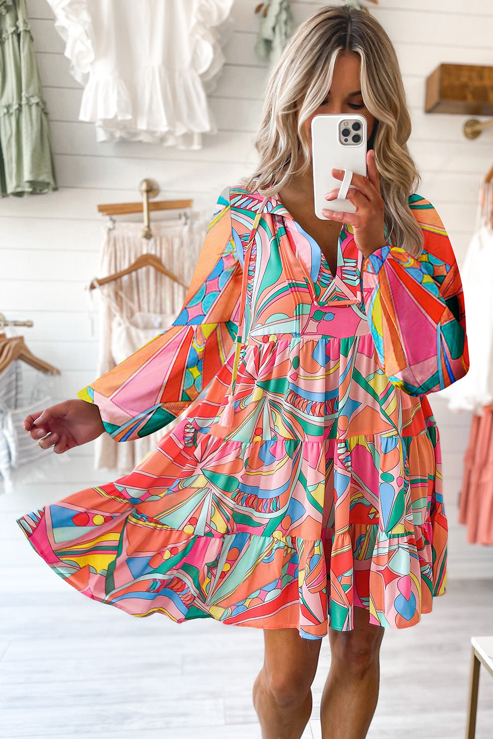 Multicolor Abstract Geometry Print Half Puff Sleeve Loose Shirt