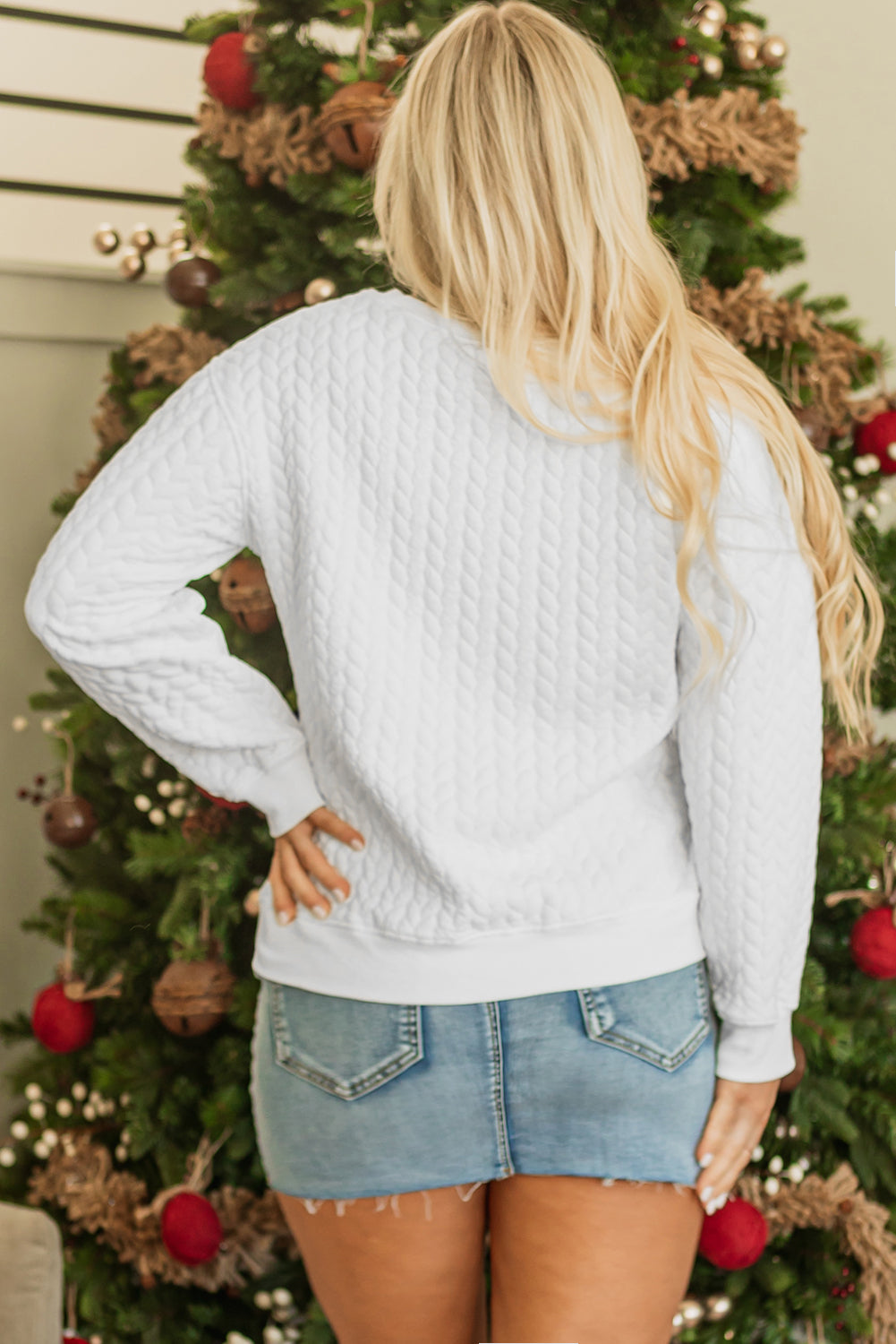 White LOVE Chenille Embroidered Cable Knit Pullover Sweatshirt