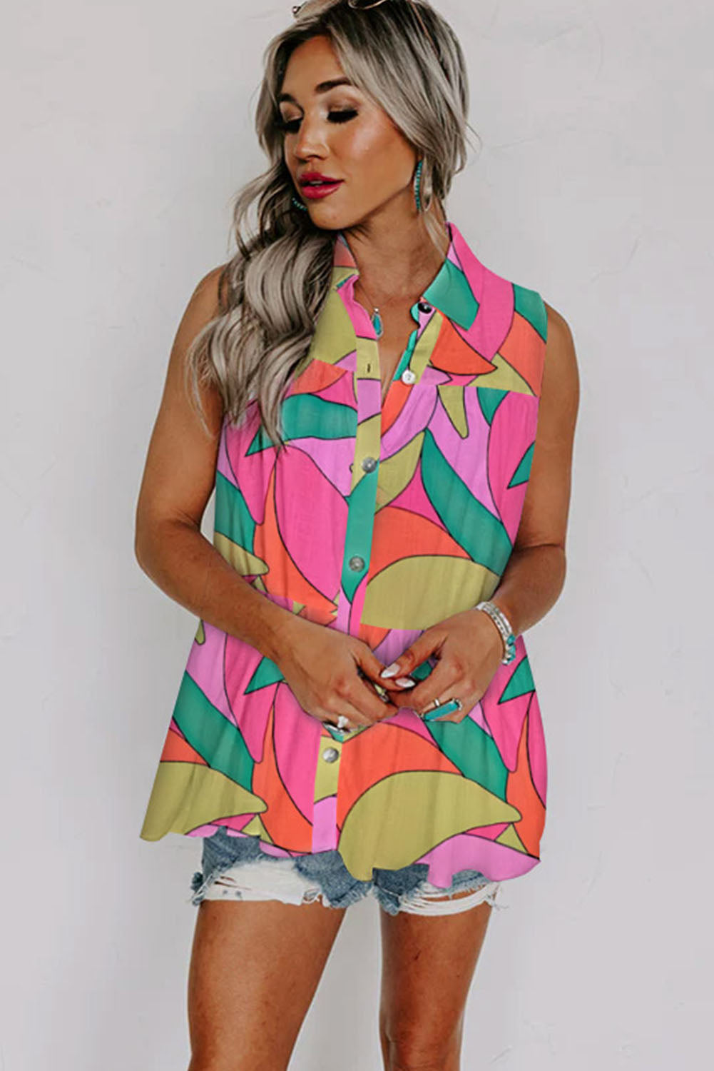 Multicolor Abstract Geometry Print Half Puff Sleeve Loose Shirt