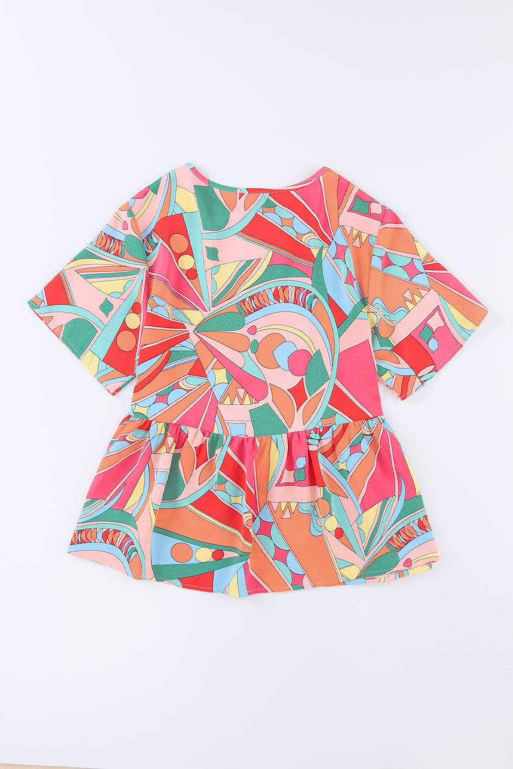 Multicolor Abstract Geometry Print Half Puff Sleeve Loose Shirt