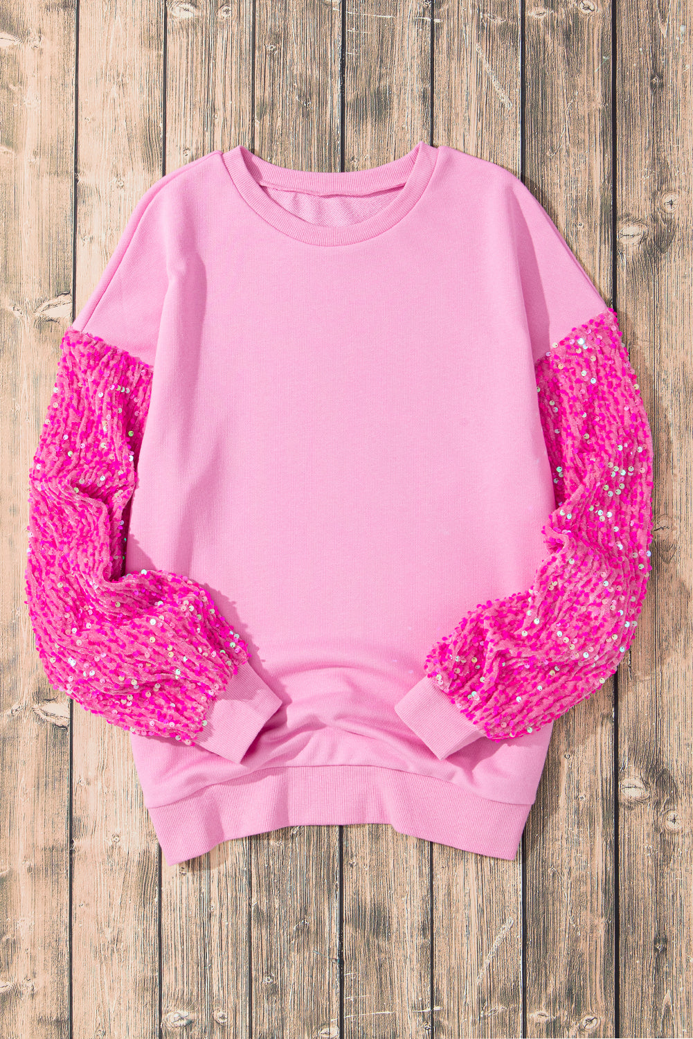 Pink Plus Size Sequin Sleeve Drop Shoulder Sweatshirt