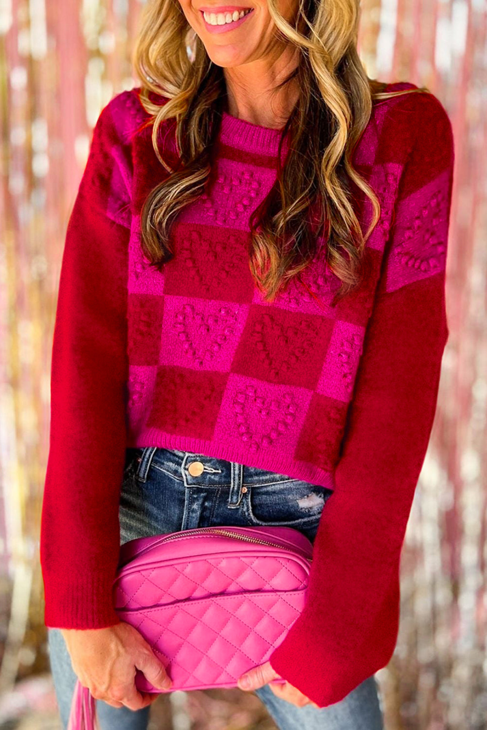 Multicolor Checkered Pattern Heart Detail Textured Sweater