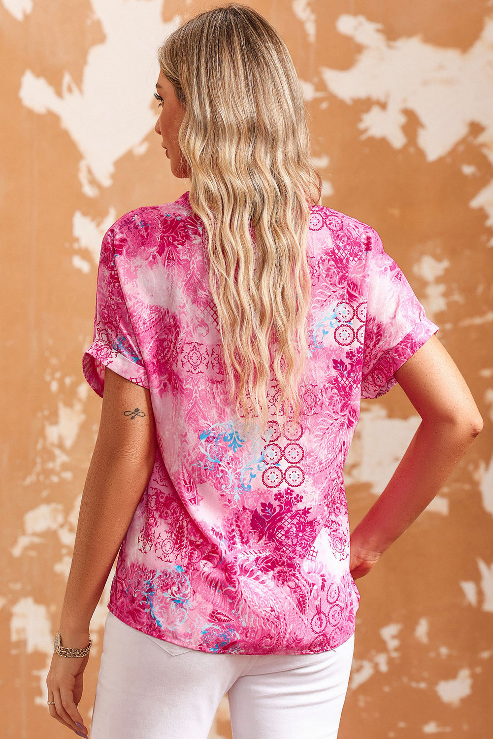 Pink Floral Print Loose Fit V Neck T Shirt