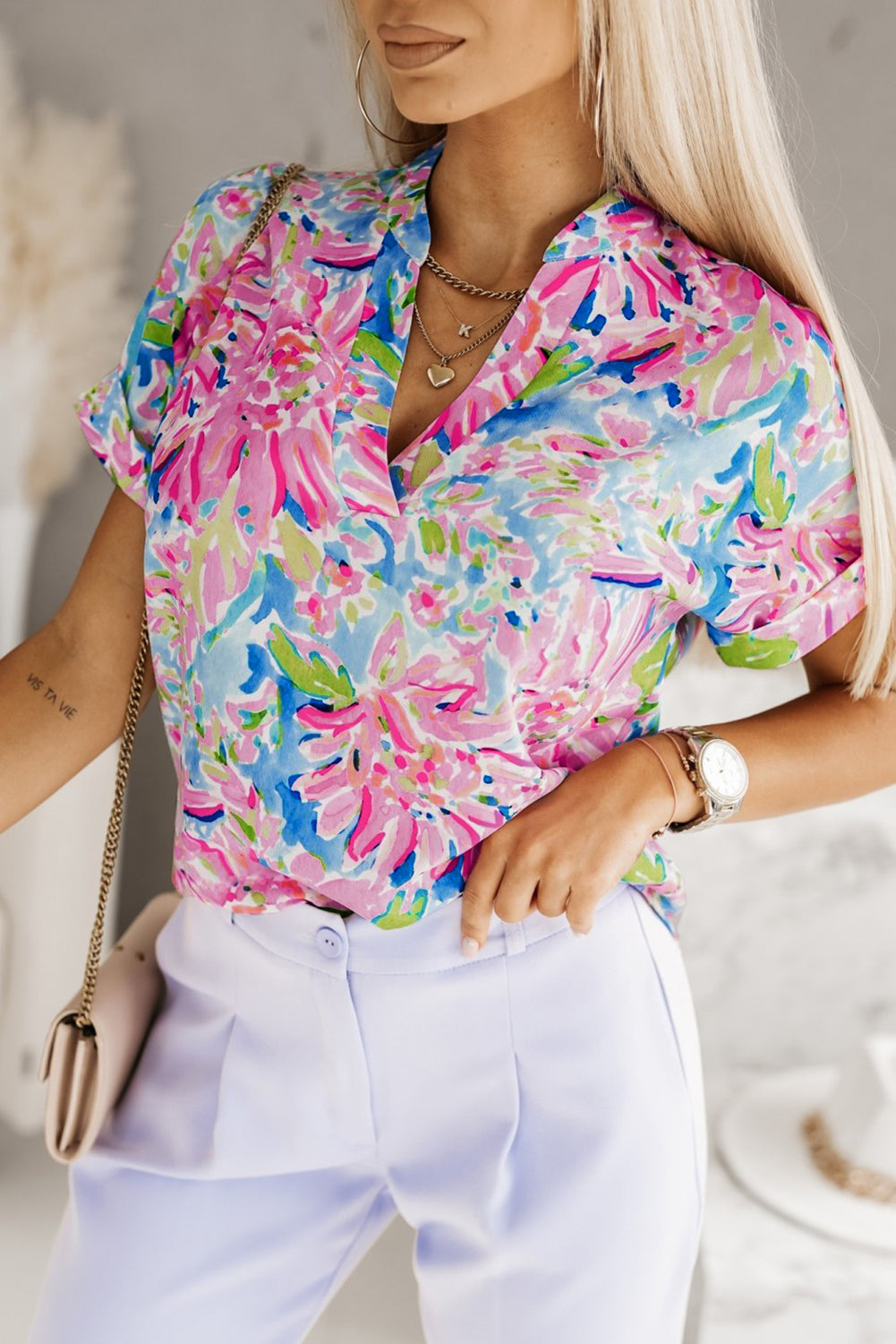 Pink Abstract Floral Print Notch V Neck Rolled Short Sleeve Blouse