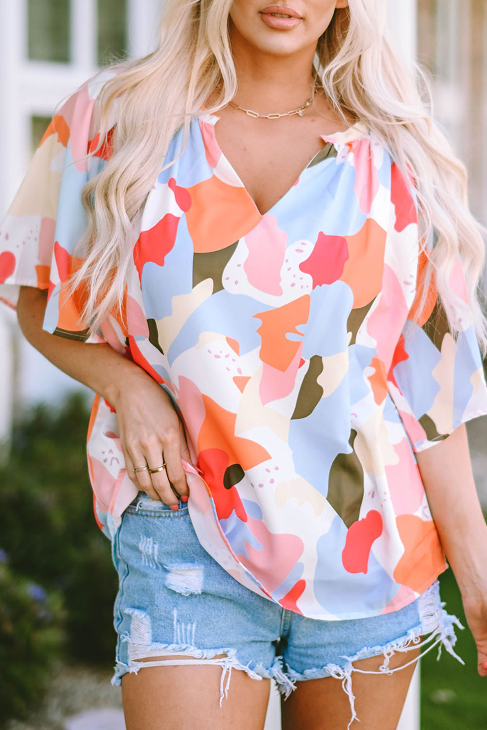 Multicolor Floral Print V Neck Half Sleeve Blouse