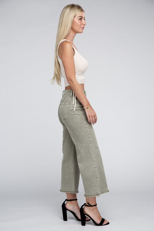 Acid Washed High Waist Frayed Hem Straight Pants