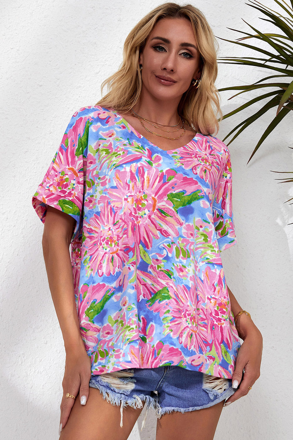 Pink Floral Print Loose Fit V Neck T Shirt