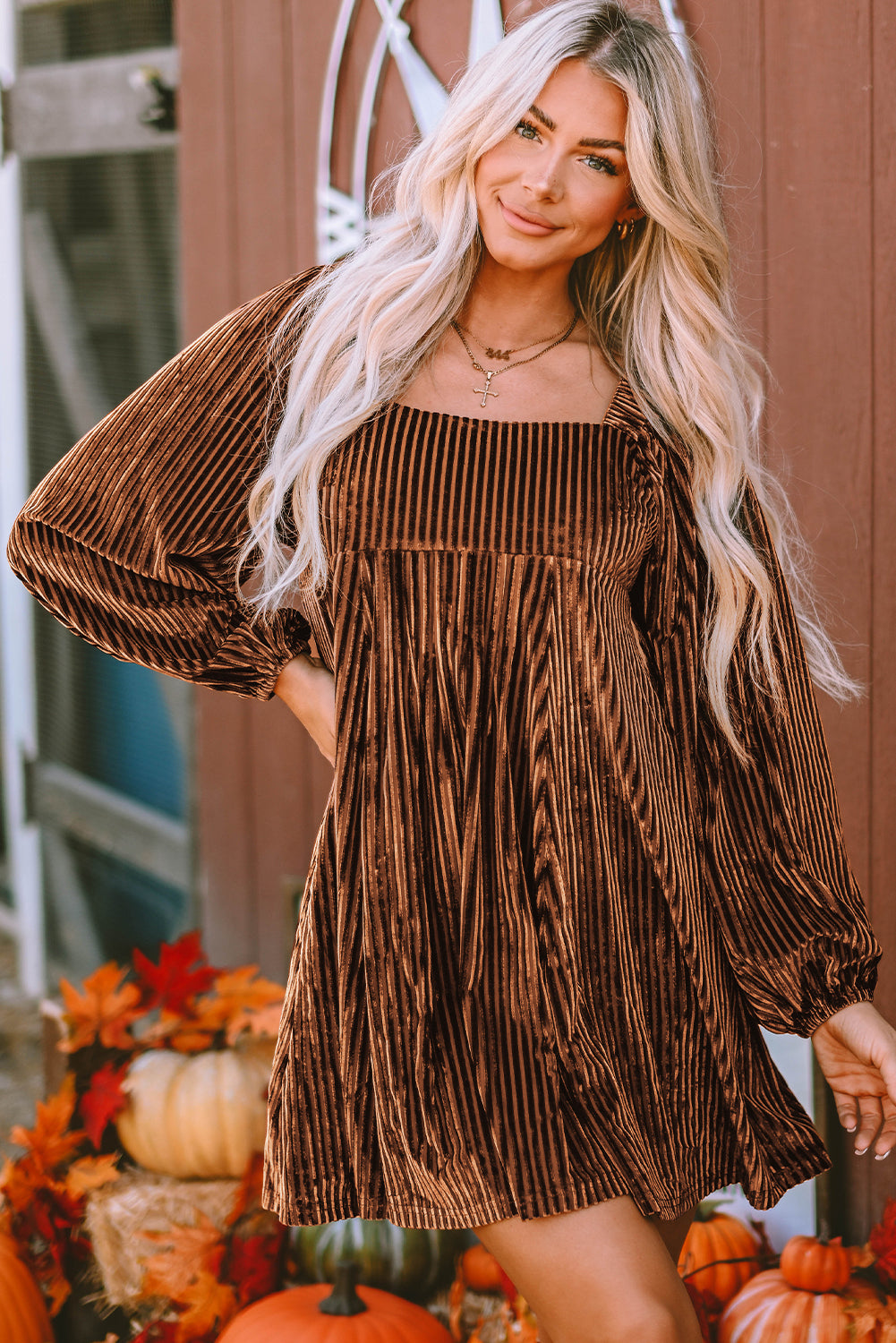 Pale Chestnut Long Sleeve Tiered Ribbed Velvet Dress