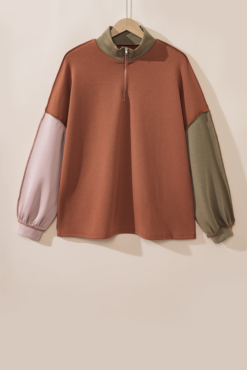 Khaki Exposed Seam Color Block Zipped Sweatshirt