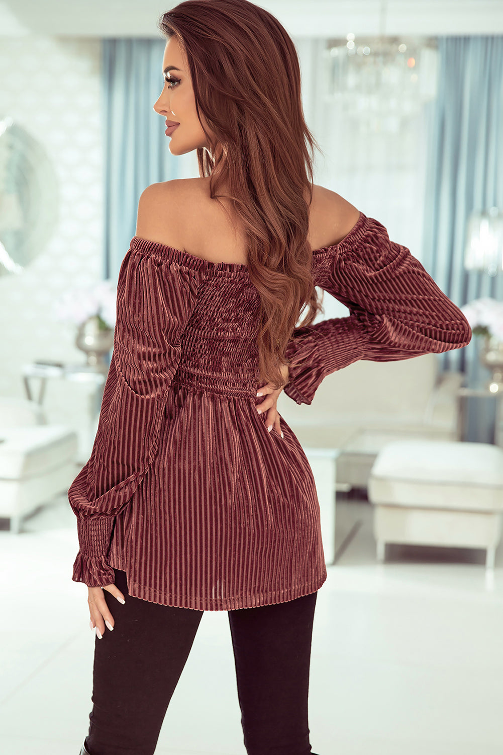 Pale Chestnut Long Sleeve Tiered Ribbed Velvet Dress