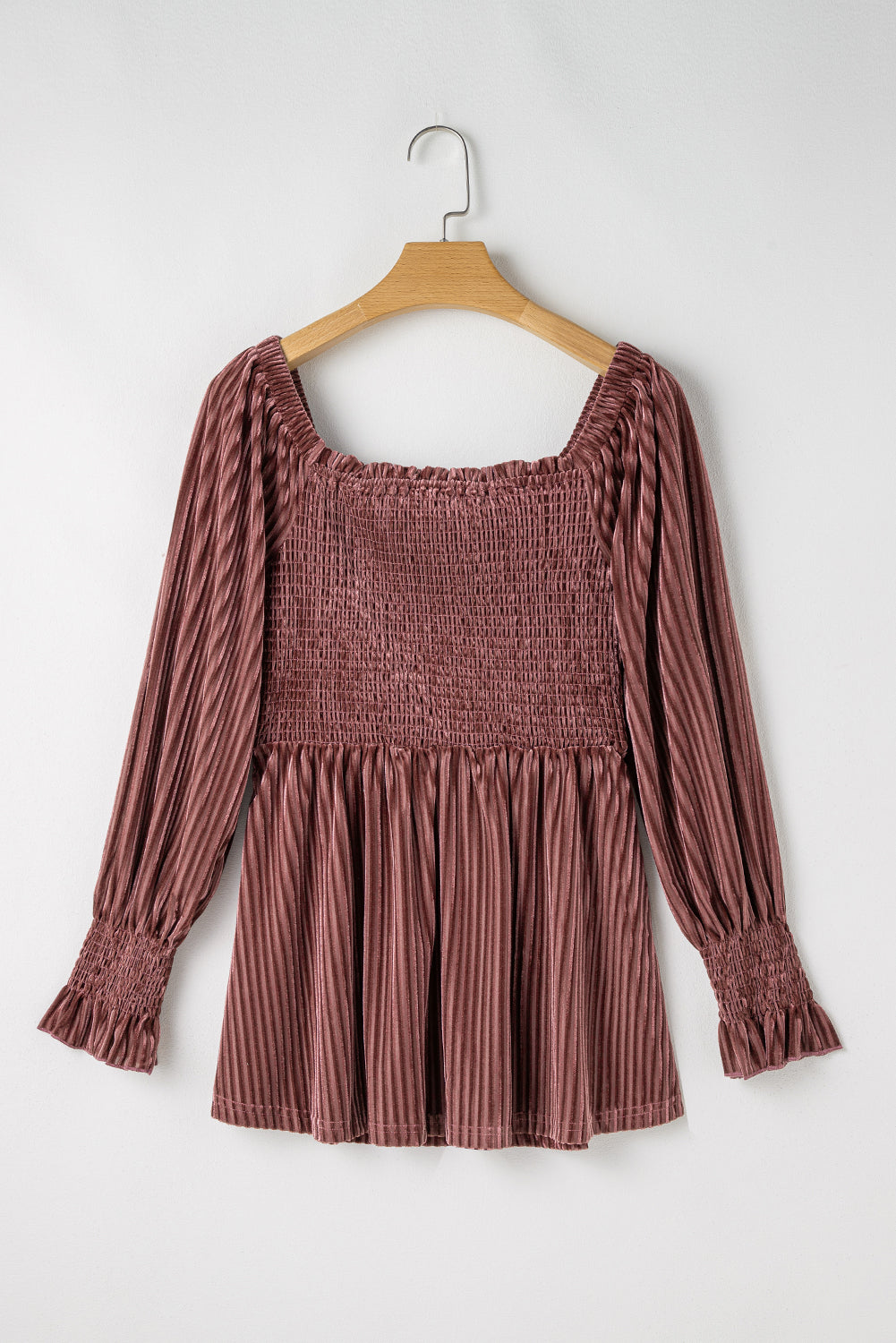 Pale Chestnut Long Sleeve Tiered Ribbed Velvet Dress